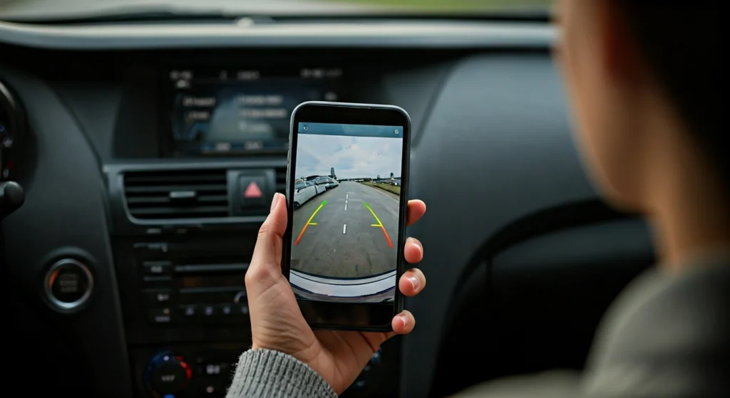 Driver uses phone for backup camera