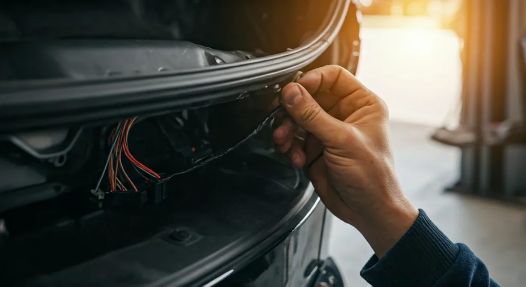 Mechanic repairing backup camera wiring