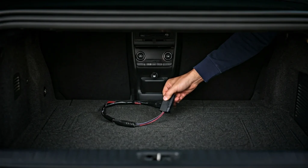 Person wiring backup camera in car
